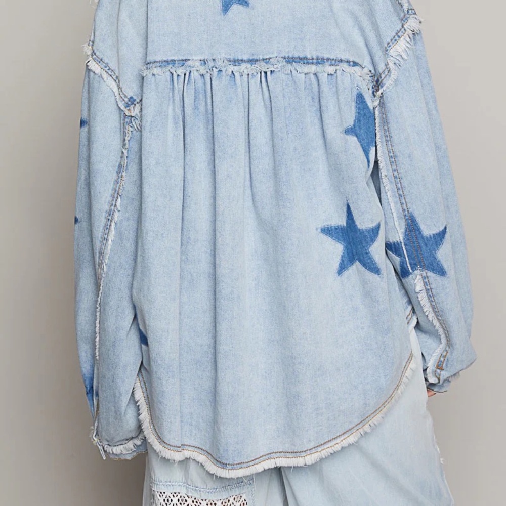 POL Star Patch Raw Hem Button Up Denim Lightweight Shacket relaxed oversized fit - Picture 7 of 9